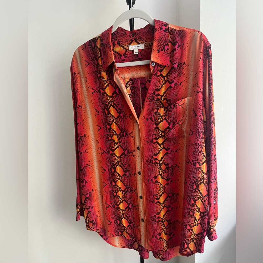 Equipment hot pink and orange snake print silk blouse